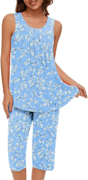 Pajama Sets for Women Summer Pleated Tank Tops and Capris with Pockets Floral Soft Cute Pjs 2 Piece Loungewear
