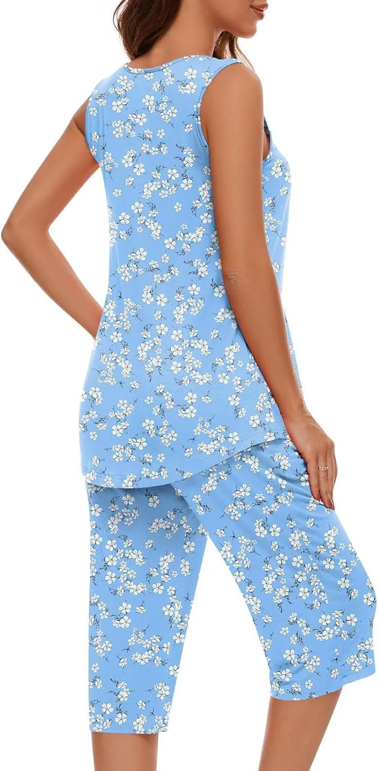 Pajama Sets for Women Summer Pleated Tank Tops and Capris with Pockets Floral Soft Cute Pjs 2 Piece Loungewear