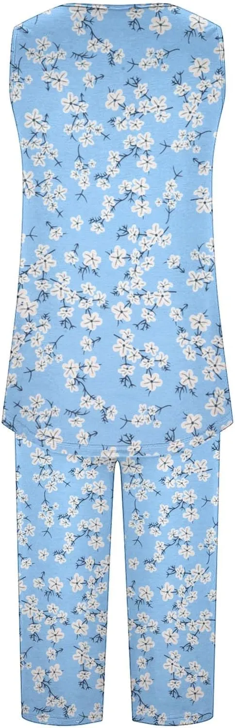 Pajama Sets for Women Summer Pleated Tank Tops and Capris with Pockets Floral Soft Cute Pjs 2 Piece Loungewear