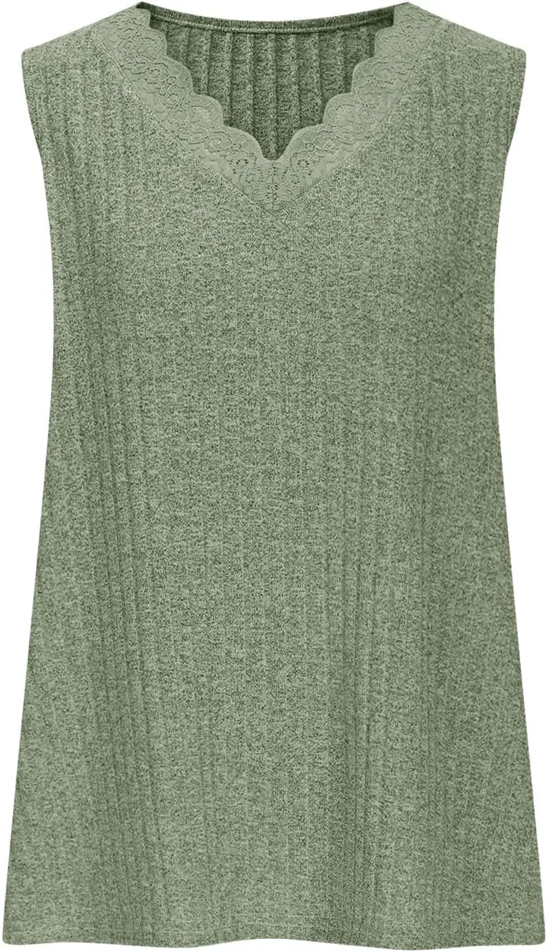 Plus Size Tank Top for Women Lace Kintting V Neck Blouse Summer Daily Sleeveless Shirt Solid Color Tee