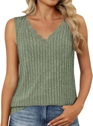 Plus Size Tank Top for Women Lace Kintting V Neck Blouse Summer Daily Sleeveless Shirt Solid Color Tee