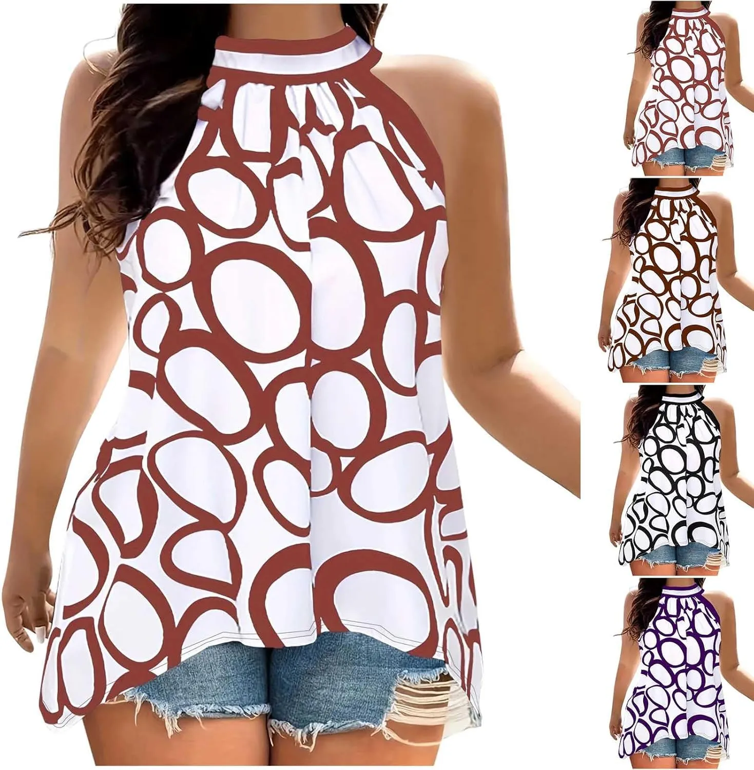 Plus Size Tank Tops for Women Dressy Casual Printed Halter Camisoles Sleeveless Summer Office Lady Tunic Blouse