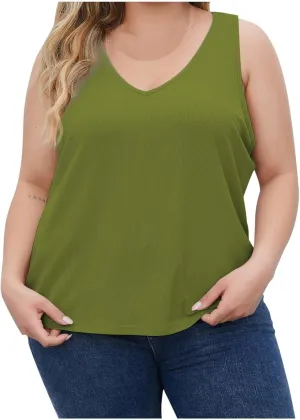Plus Size Tank Tops for Women Ribbed V Neck Sleeveless Shirt Solid Color Oversized Basic Summer Casual Trendy Tanks
