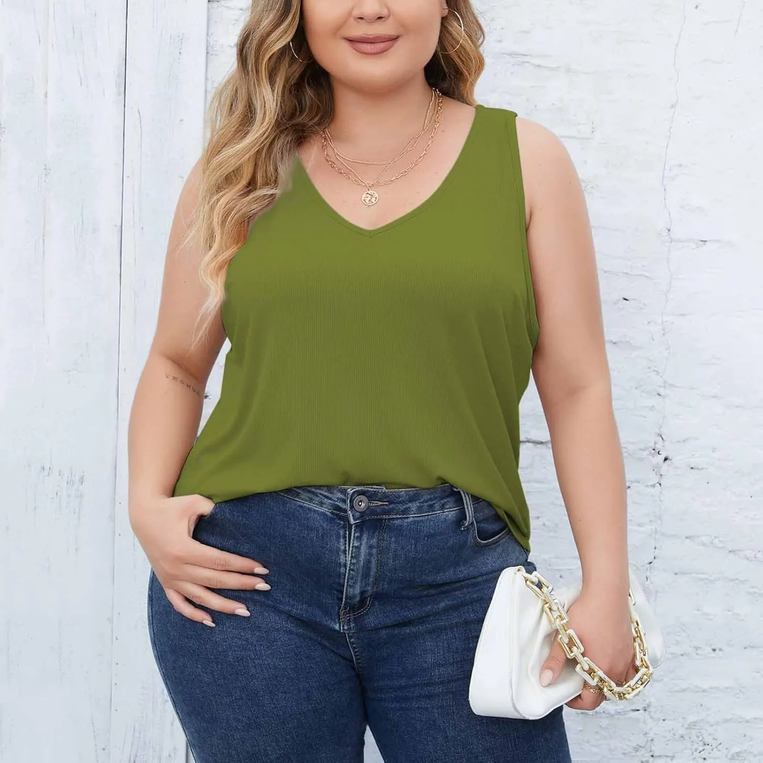 Plus Size Tank Tops for Women Ribbed V Neck Sleeveless Shirt Solid Color Oversized Basic Summer Casual Trendy Tanks