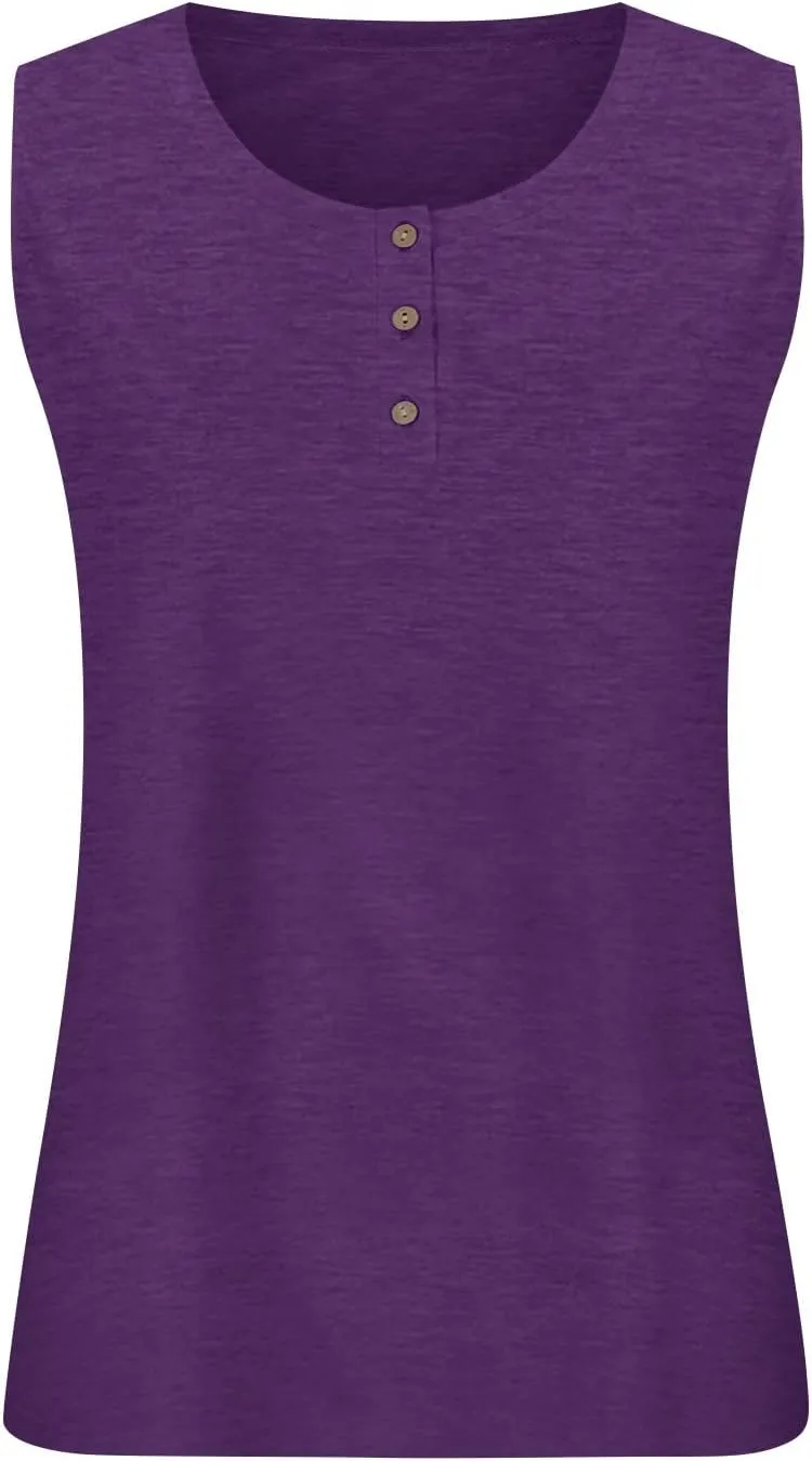 Plus Size Tank Tops for Women Summer Sleeveless O Neck Henley T-Shirts Tops Casual Button Down Tunics Shirts
