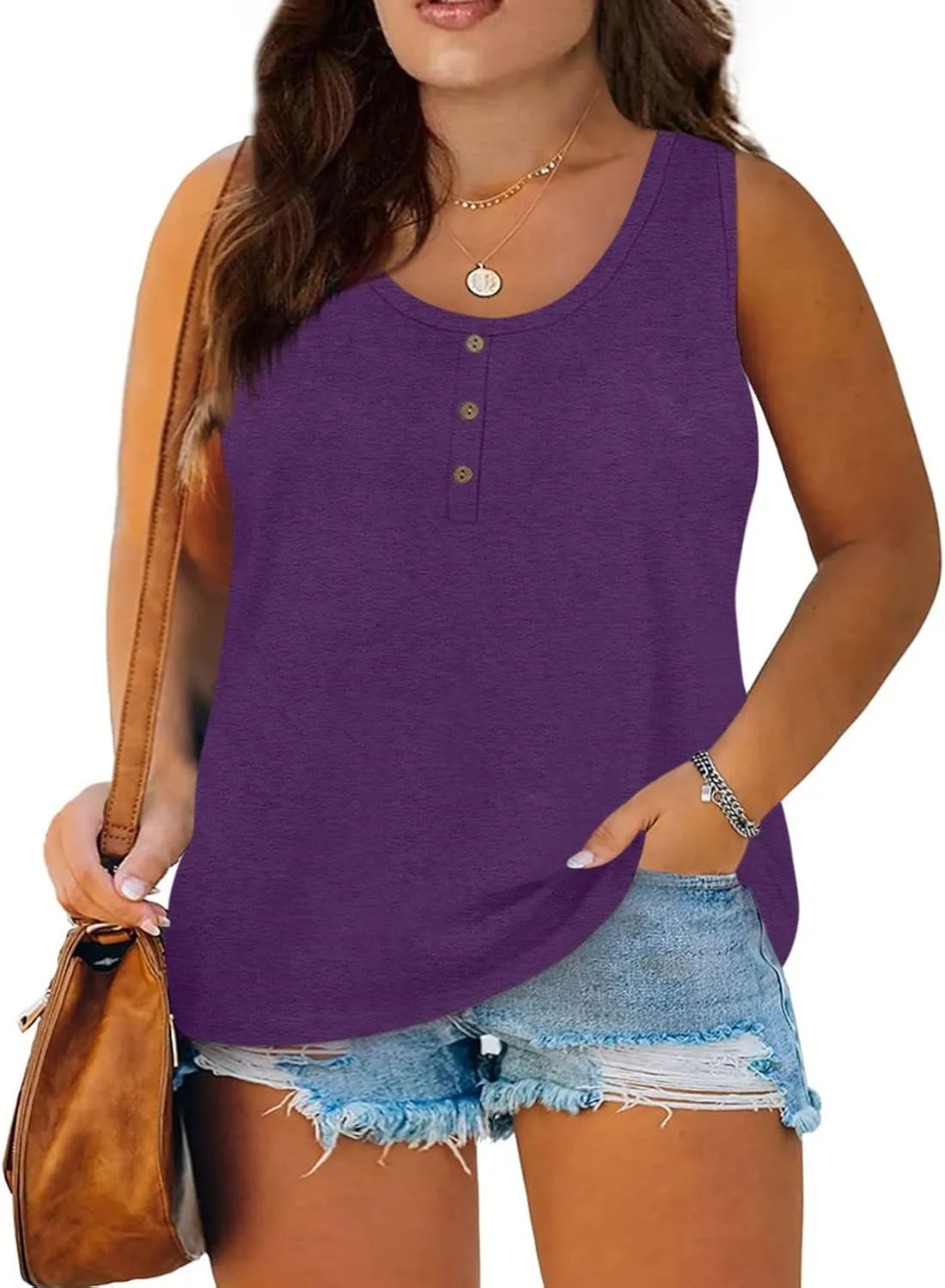 Plus Size Tank Tops for Women Summer Sleeveless O Neck Henley T-Shirts Tops Casual Button Down Tunics Shirts