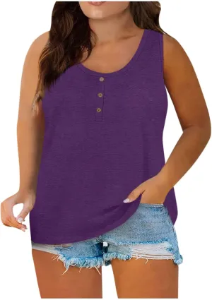 Plus Size Tank Tops for Women Summer Sleeveless O Neck Henley T-Shirts Tops Casual Button Down Tunics Shirts