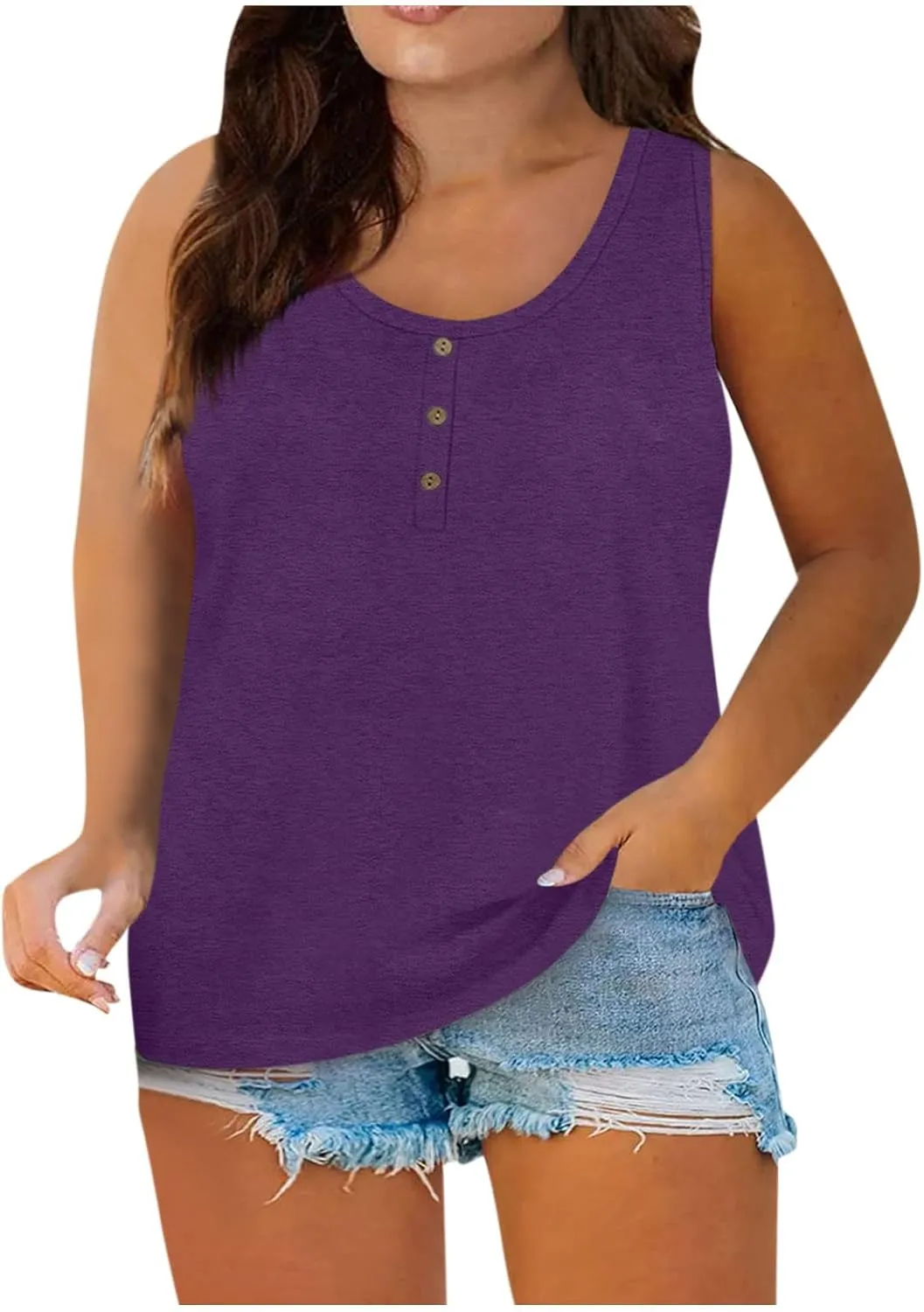 Plus Size Tank Tops for Women Summer Sleeveless O Neck Henley T-Shirts Tops Casual Button Down Tunics Shirts