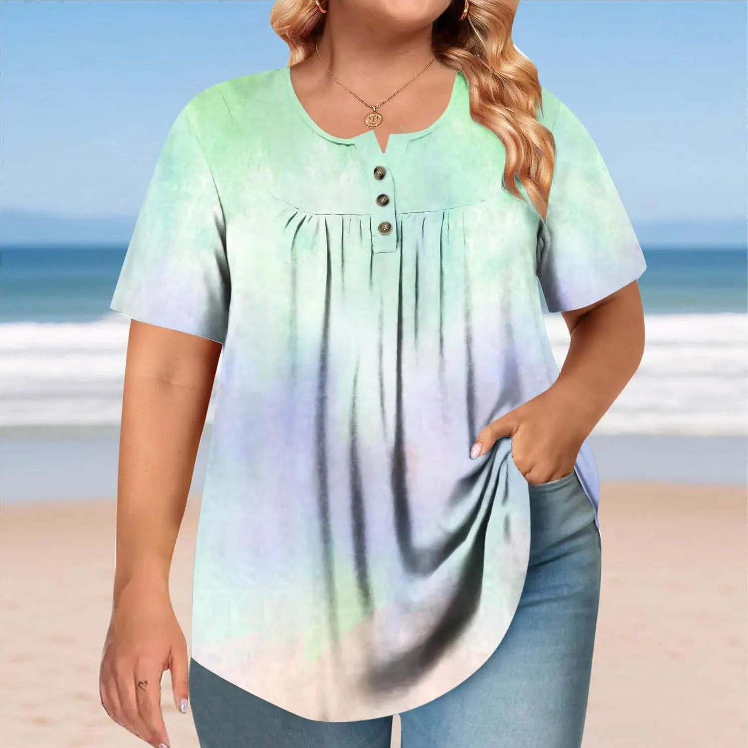 Plus Size Top for Women Button Up Henley Shirts Short Sleeve Summer Crew Neck Pleated Casual Trendy Tie Dye Tunic Blouse