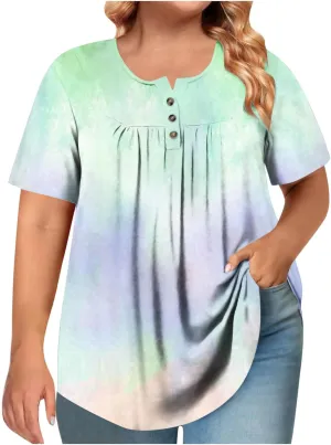 Plus Size Top for Women Button Up Henley Shirts Short Sleeve Summer Crew Neck Pleated Casual Trendy Tie Dye Tunic Blouse