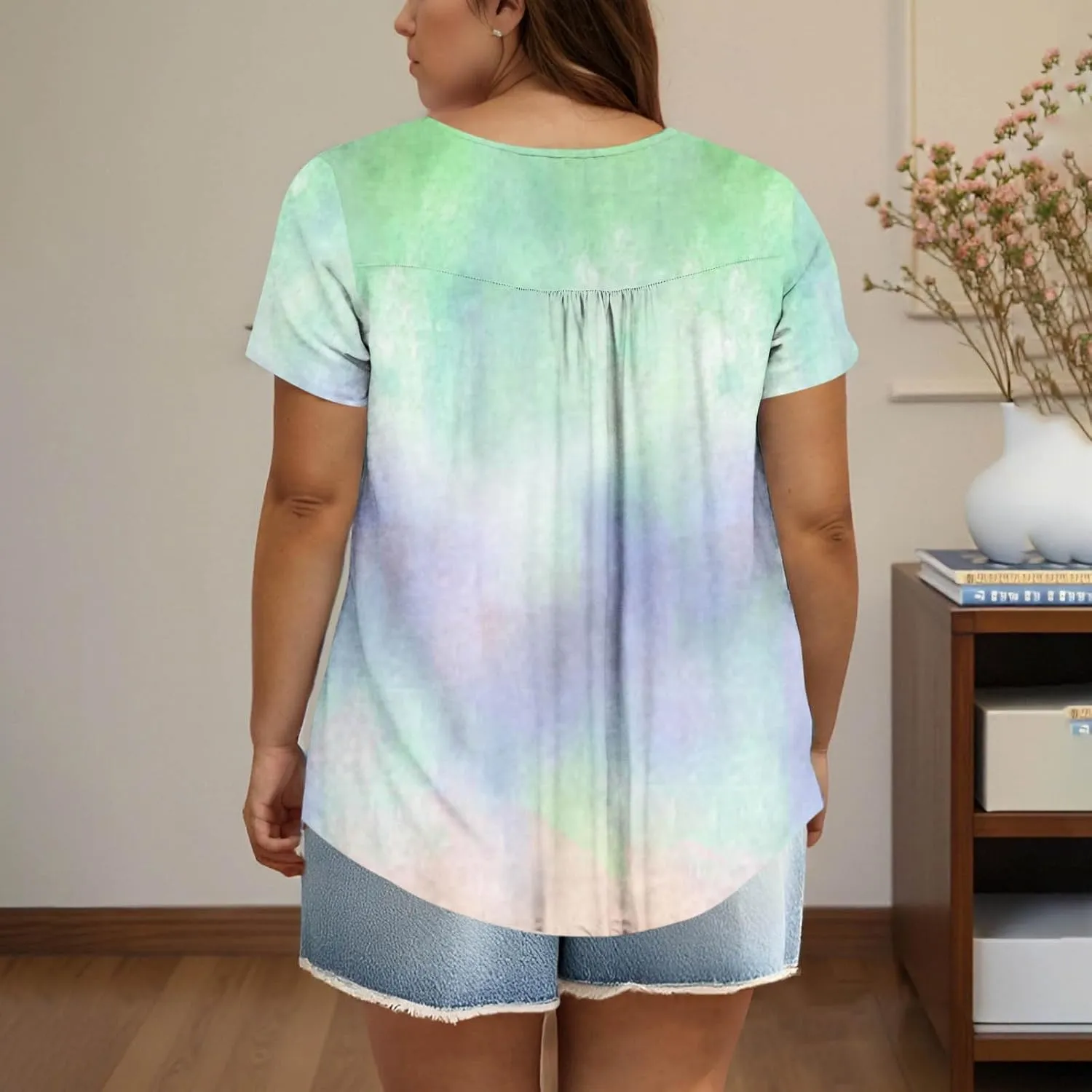 Plus Size Top for Women Button Up Henley Shirts Short Sleeve Summer Crew Neck Pleated Casual Trendy Tie Dye Tunic Blouse