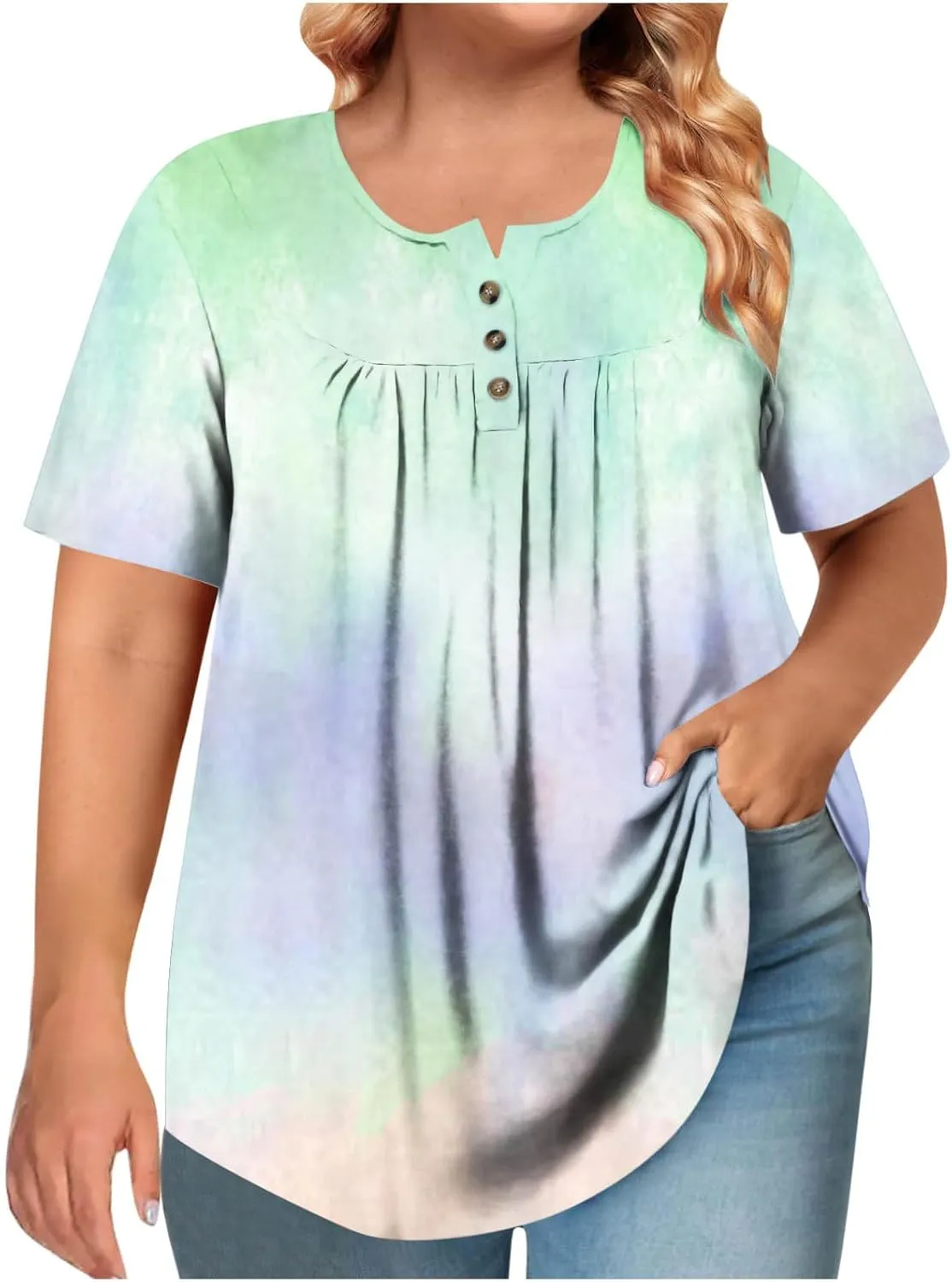 Plus Size Top for Women Button Up Henley Shirts Short Sleeve Summer Crew Neck Pleated Casual Trendy Tie Dye Tunic Blouse