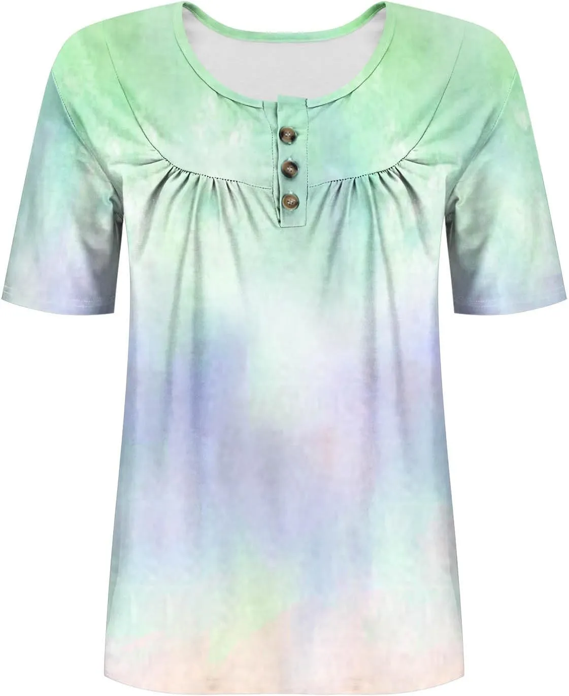 Plus Size Top for Women Button Up Henley Shirts Short Sleeve Summer Crew Neck Pleated Casual Trendy Tie Dye Tunic Blouse