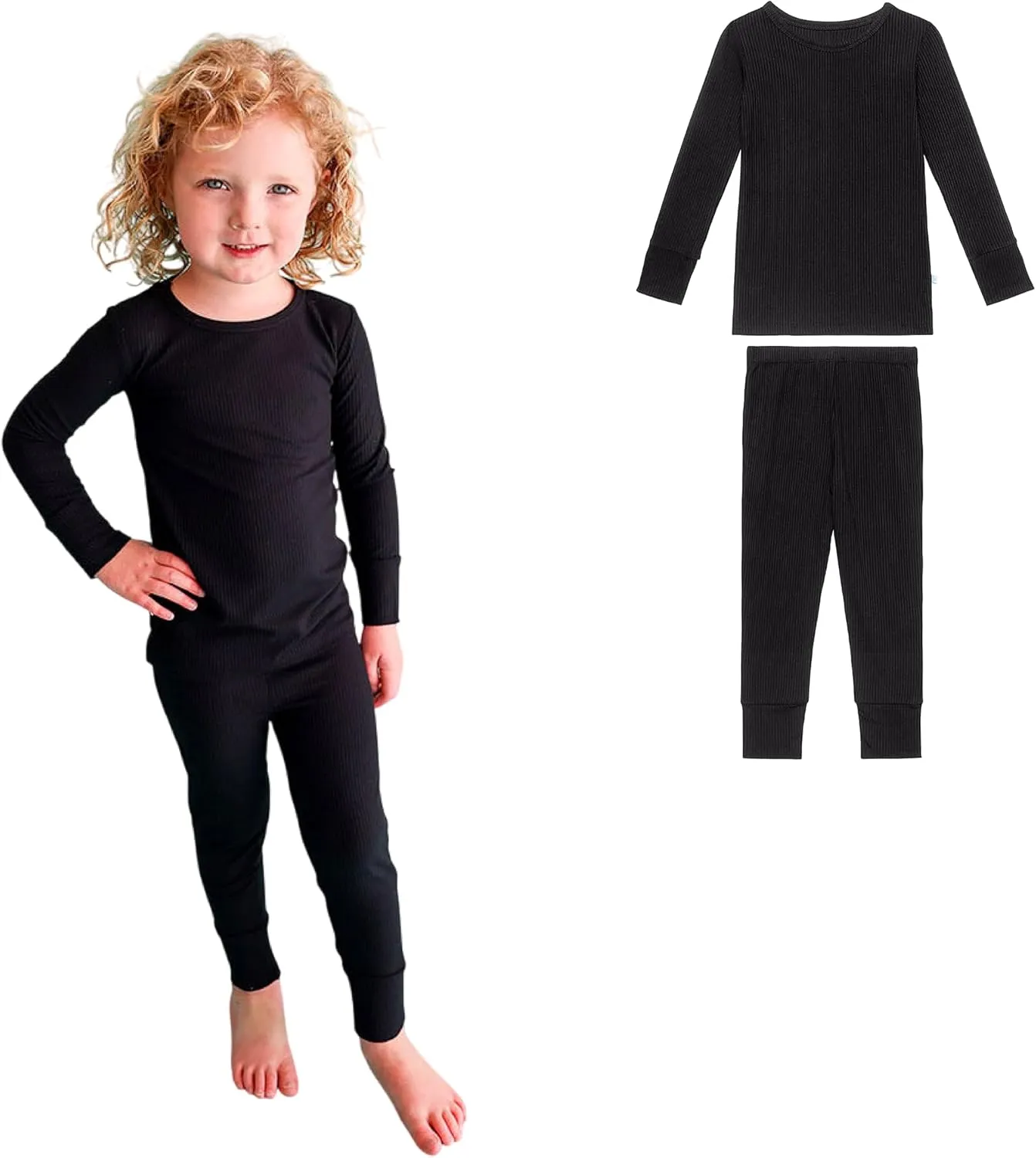 Posh Peanut Classic Boys Pajamas - Toddler Pajamas in Lightweight, Breathable Viscose from Bamboo - Long Sleeve Boys Pjs - 2 Piece Boys' Pajama Sets (3-4 Years) Solid Ribbed Black
