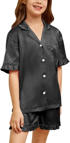 QPANCY Silk Pajamas for Girls Button Down 2 Piece Pj Sets Kids Satin Pajamas Ruffle Short Sleeve Sleepwear Loungewear