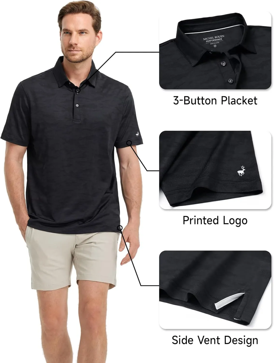 Rouen Polo Shirts for Men Moisture Wicking Quick Dry Lightweight Jacquard Performance Polo Shirts Casual Collared Golf Shirts