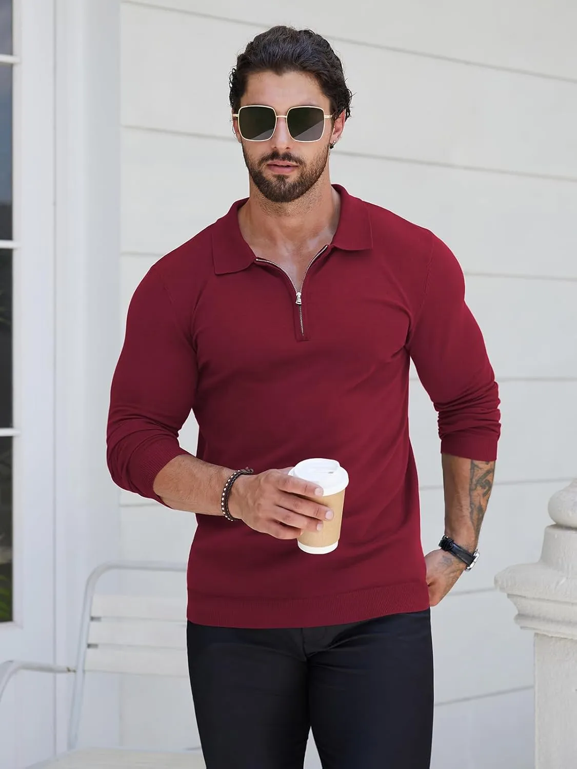 RQP Mens Zipper Polo Shirts Knit Casual Shirts Short/Long Sleeve,Stretch Slim Fit Golf Shirts,Soft Pullover