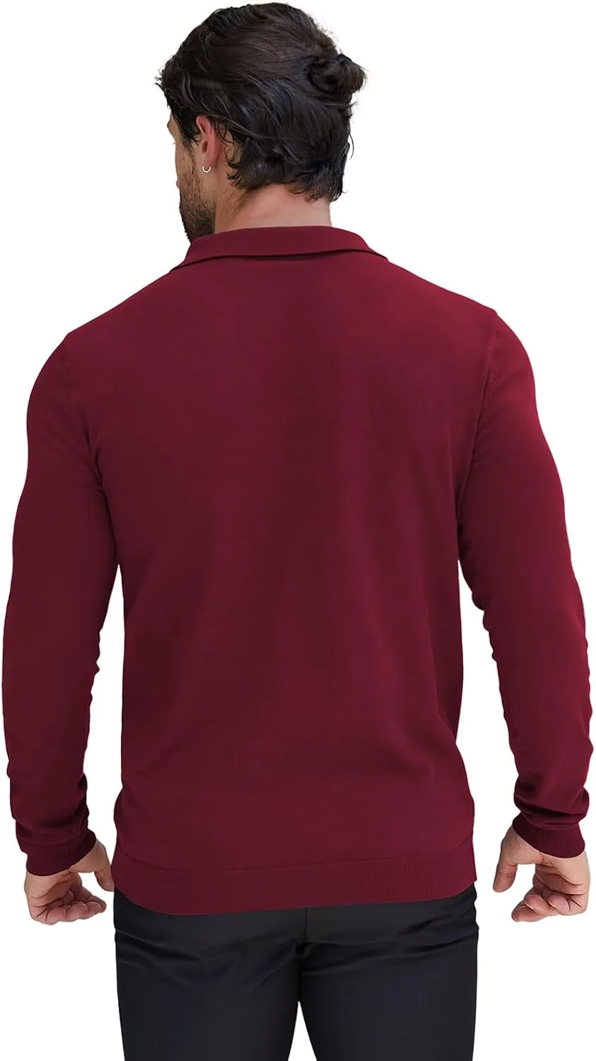 RQP Mens Zipper Polo Shirts Knit Casual Shirts Short/Long Sleeve,Stretch Slim Fit Golf Shirts,Soft Pullover