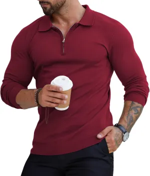 RQP Mens Zipper Polo Shirts Knit Casual Shirts Short/Long Sleeve,Stretch Slim Fit Golf Shirts,Soft Pullover