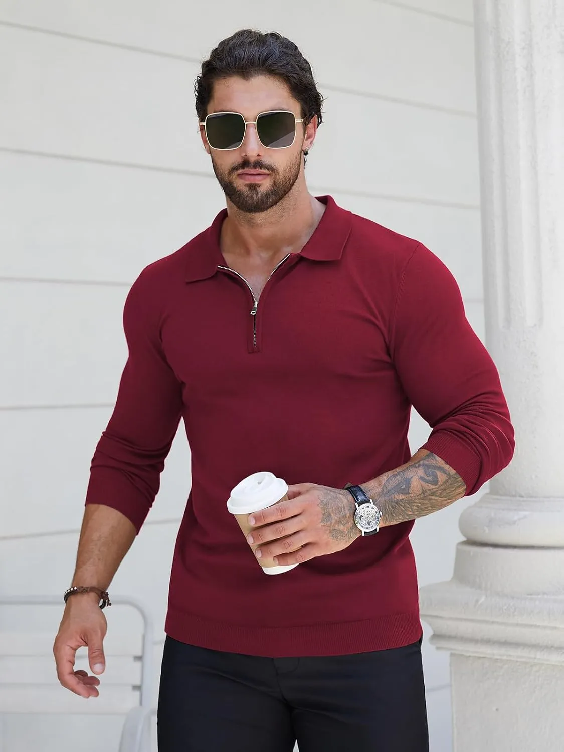 RQP Mens Zipper Polo Shirts Knit Casual Shirts Short/Long Sleeve,Stretch Slim Fit Golf Shirts,Soft Pullover