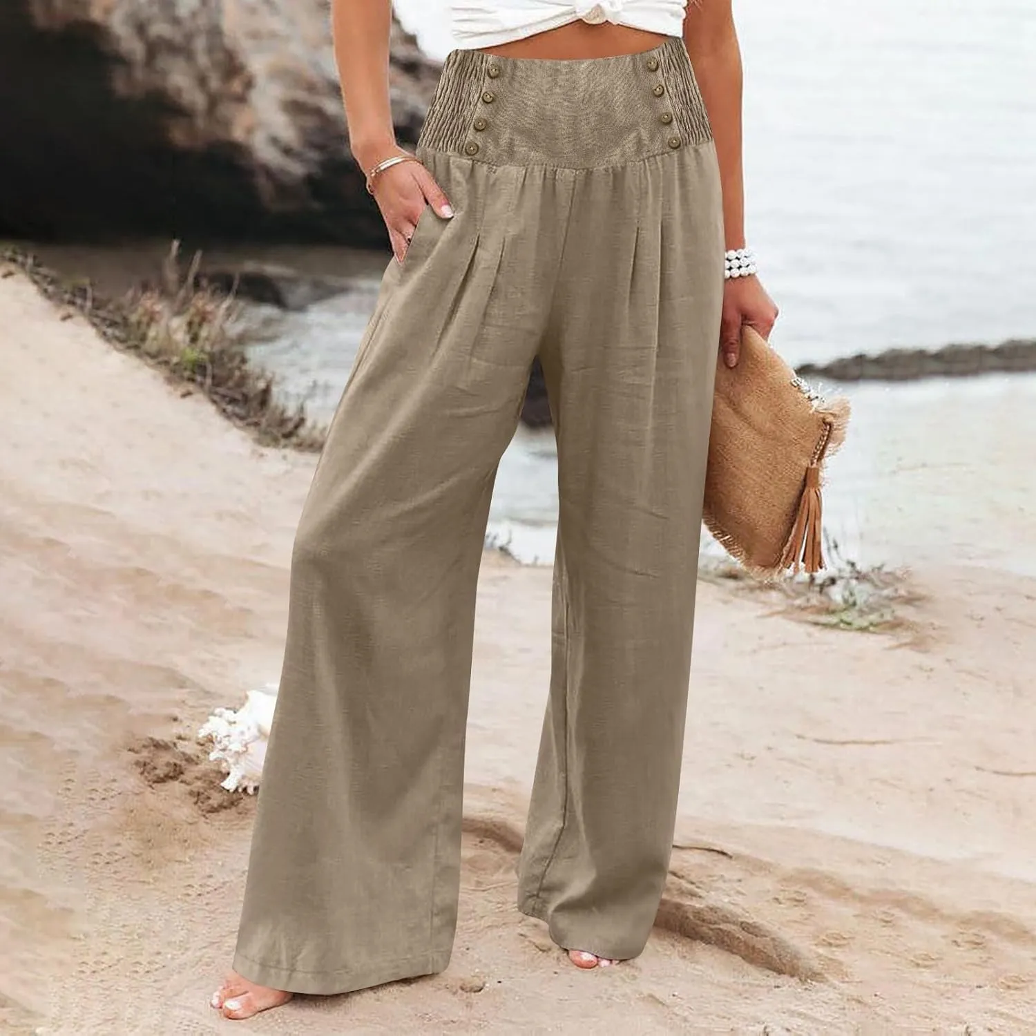 Rvidbe Linen Pants Women Tall 2024 Comfy Flowy Wide Leg Pants Trousers Summer High Waisted Beach Palazzo Pants with Pockets