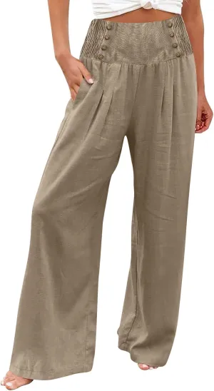 Rvidbe Linen Pants Women Tall 2024 Comfy Flowy Wide Leg Pants Trousers Summer High Waisted Beach Palazzo Pants with Pockets