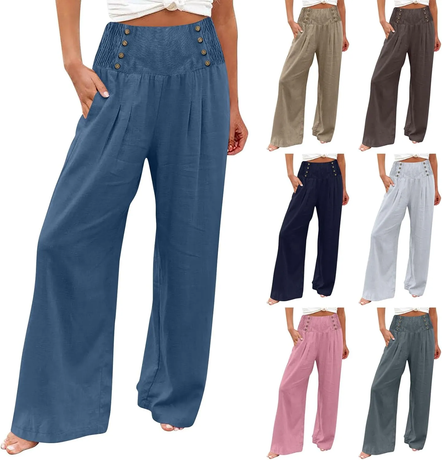 Rvidbe Linen Pants Women Tall 2024 Comfy Flowy Wide Leg Pants Trousers Summer High Waisted Beach Palazzo Pants with Pockets