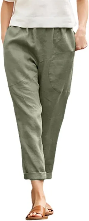 Smoneyful Linen Pants for Women Casual Cotton Drawstring Wide Leg Trouser Elastic Waist Solid Straight Leg Beach Cropped Pant