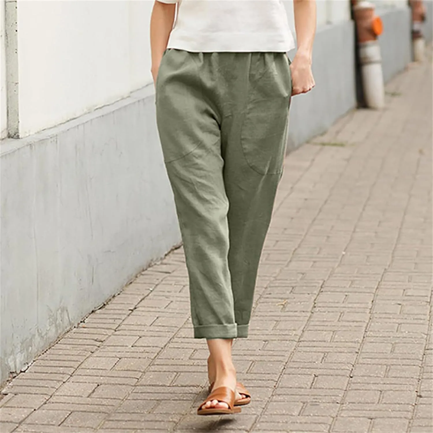 Smoneyful Linen Pants for Women Casual Cotton Drawstring Wide Leg Trouser Elastic Waist Solid Straight Leg Beach Cropped Pant