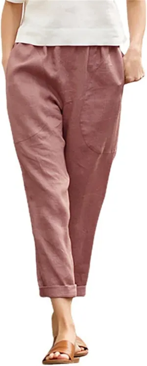 Smoneyful Linen Pants for Women Casual Cotton Drawstring Wide Leg Trouser Elastic Waist Solid Straight Leg Beach Cropped Pant