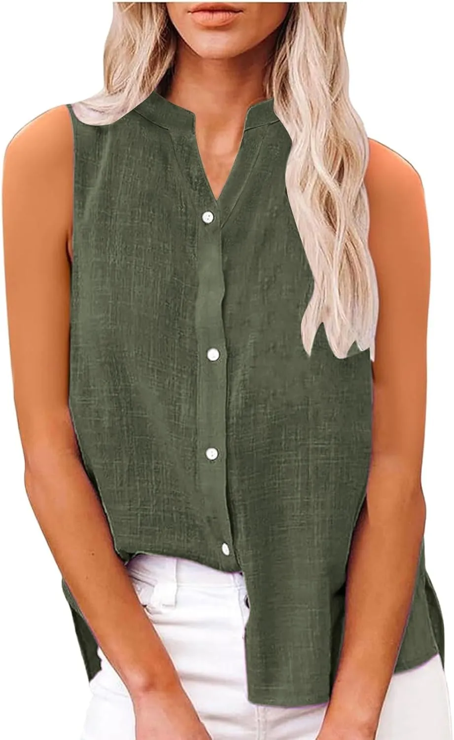 Summer Linen Top for Women Sleeveless Collared Shirt V Neck Loose Going Out Tee Vacation Beach Tunic Casual Blouse