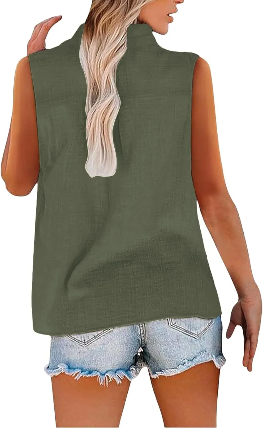 Summer Linen Top for Women Sleeveless Collared Shirt V Neck Loose Going Out Tee Vacation Beach Tunic Casual Blouse