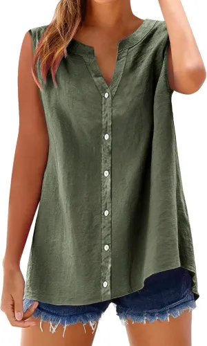Summer Linen Top for Women Sleeveless Collared Shirt V Neck Loose Going Out Tee Vacation Beach Tunic Casual Blouse