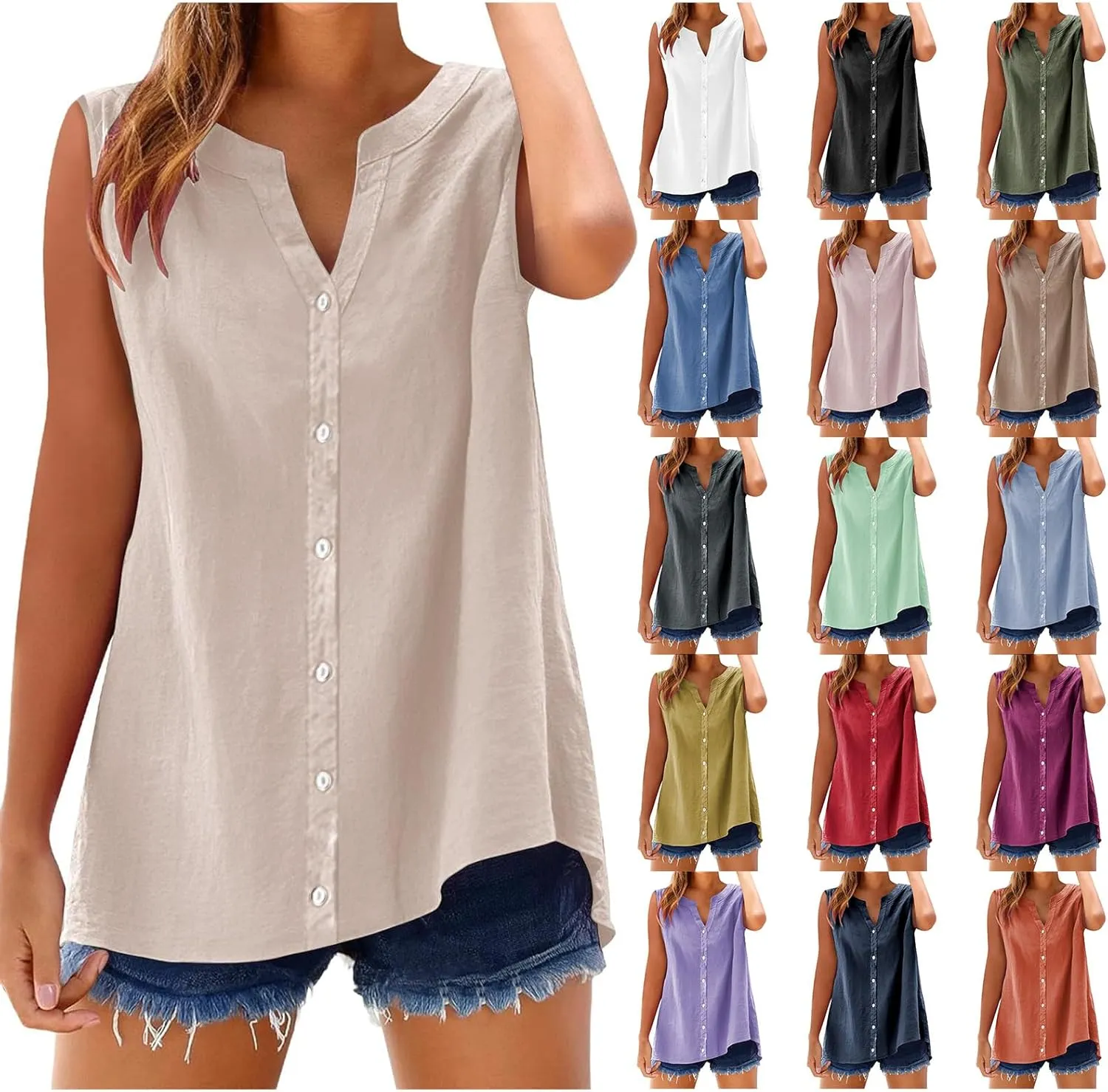 Summer Linen Top for Women Sleeveless Collared Shirt V Neck Loose Going Out Tee Vacation Beach Tunic Casual Blouse