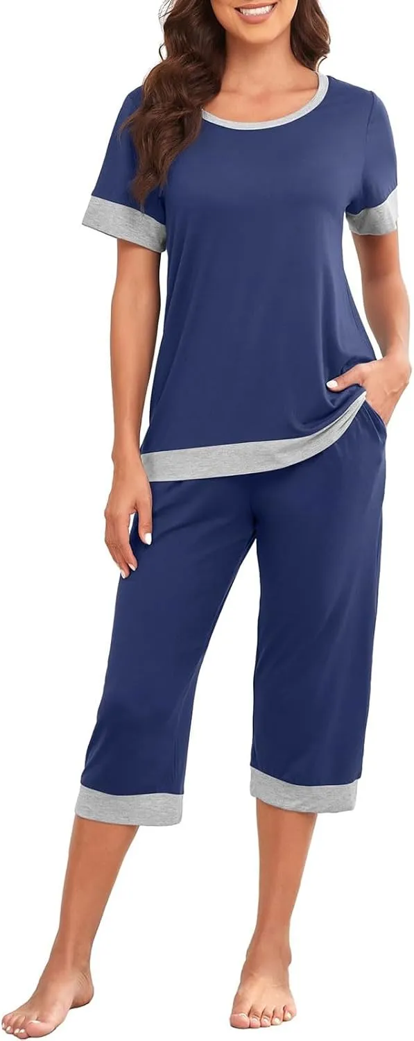 Summer Pajamas Set for Women Soft Capri PJs Lounge Set Short Sleeve Top with Capri Pants Plus Size Sleepwear Set