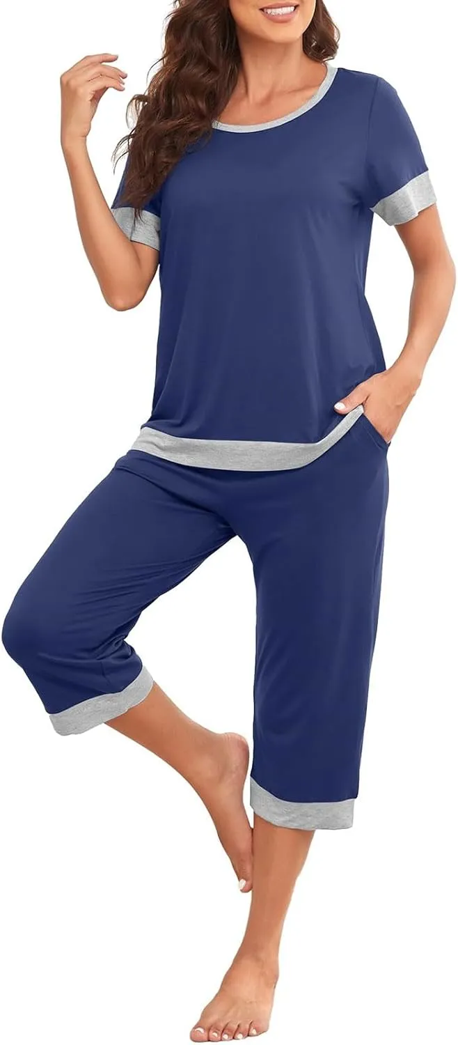 Summer Pajamas Set for Women Soft Capri PJs Lounge Set Short Sleeve Top with Capri Pants Plus Size Sleepwear Set