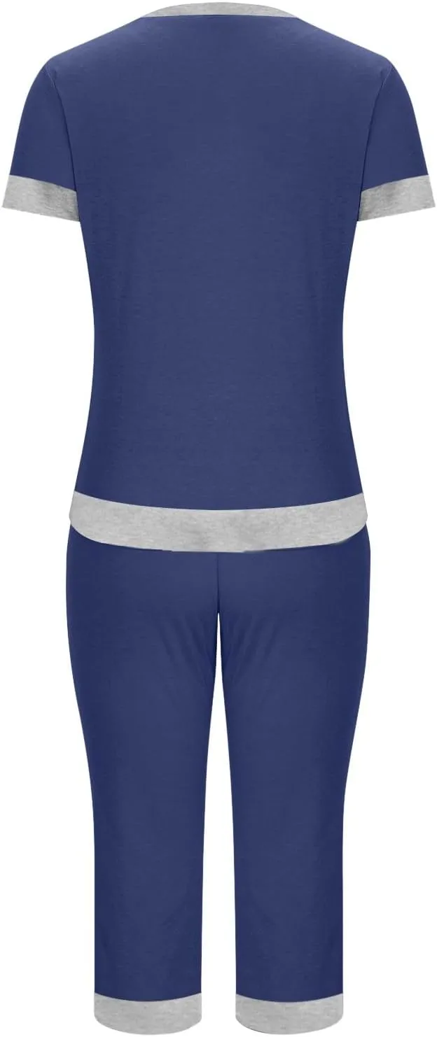 Summer Pajamas Set for Women Soft Capri PJs Lounge Set Short Sleeve Top with Capri Pants Plus Size Sleepwear Set