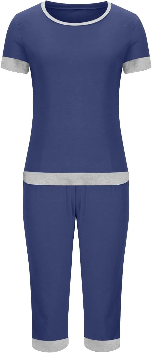 Summer Pajamas Set for Women Soft Capri PJs Lounge Set Short Sleeve Top with Capri Pants Plus Size Sleepwear Set