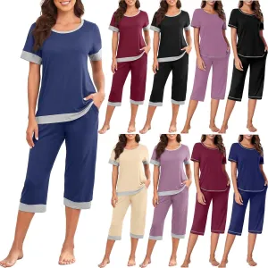 Summer Pajamas Set for Women Soft Capri PJs Lounge Set Short Sleeve Top with Capri Pants Plus Size Sleepwear Set
