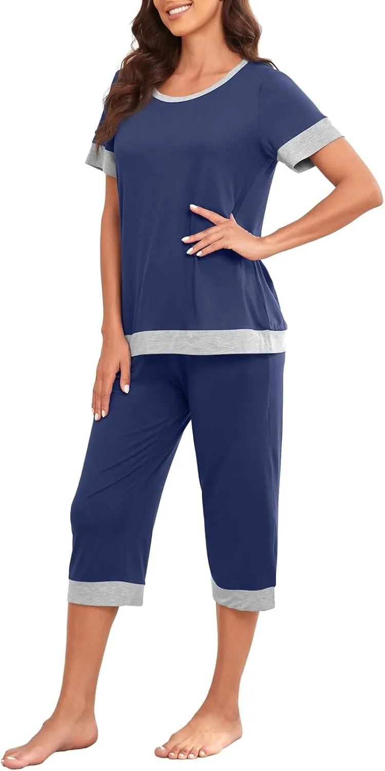 Summer Pajamas Set for Women Soft Capri PJs Lounge Set Short Sleeve Top with Capri Pants Plus Size Sleepwear Set