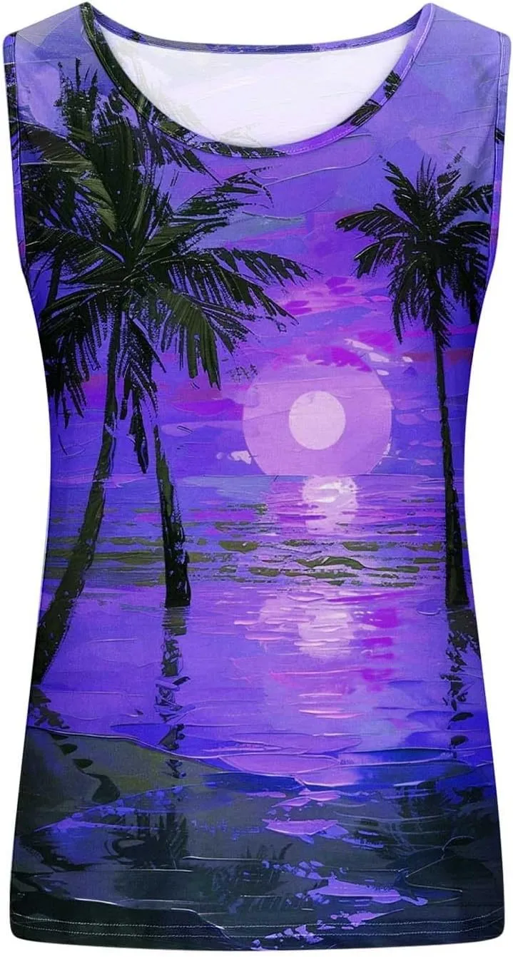 Summer Tank Tops for Women Plus Size Sunset Beach Coconut Palm Print Sleeveless Shirts Hawaiian Casual Vacation Tanks