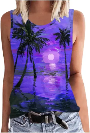 Summer Tank Tops for Women Plus Size Sunset Beach Coconut Palm Print Sleeveless Shirts Hawaiian Casual Vacation Tanks