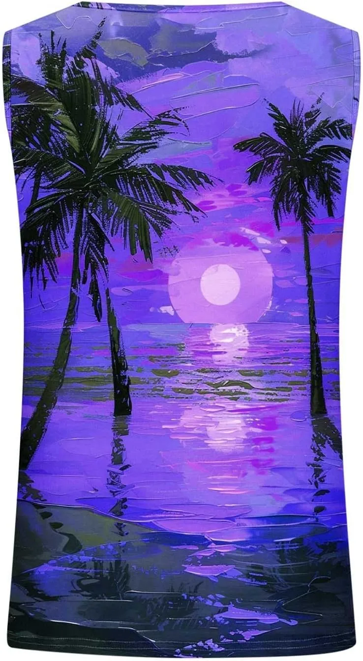 Summer Tank Tops for Women Plus Size Sunset Beach Coconut Palm Print Sleeveless Shirts Hawaiian Casual Vacation Tanks