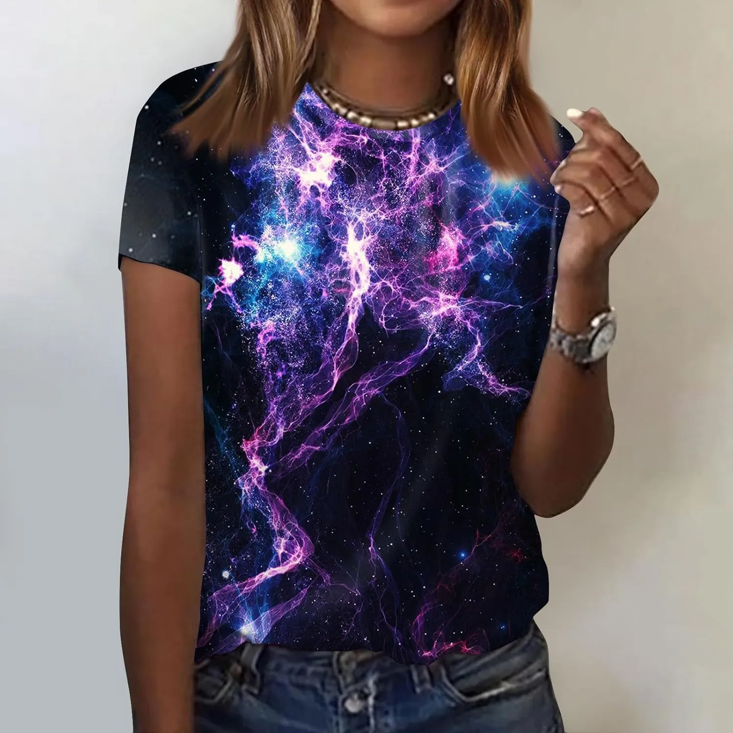 Summer Top for Women 2024 Novelty 3D Galaxy Universe Graphic Tees Short Sleeve Shirts Casual Cotton Tshirt Teen Girls Clothes