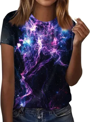 Summer Top for Women 2024 Novelty 3D Galaxy Universe Graphic Tees Short Sleeve Shirts Casual Cotton Tshirt Teen Girls Clothes