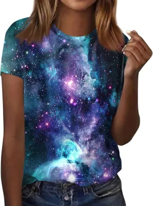 Summer Top for Women 2024 Novelty 3D Galaxy Universe Graphic Tees Short Sleeve Shirts Casual Cotton Tshirt Teen Girls Clothes