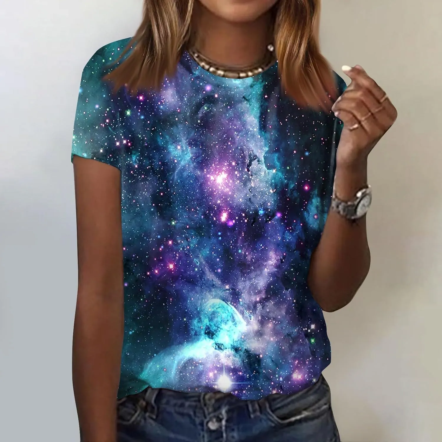 Summer Top for Women 2024 Novelty 3D Galaxy Universe Graphic Tees Short Sleeve Shirts Casual Cotton Tshirt Teen Girls Clothes