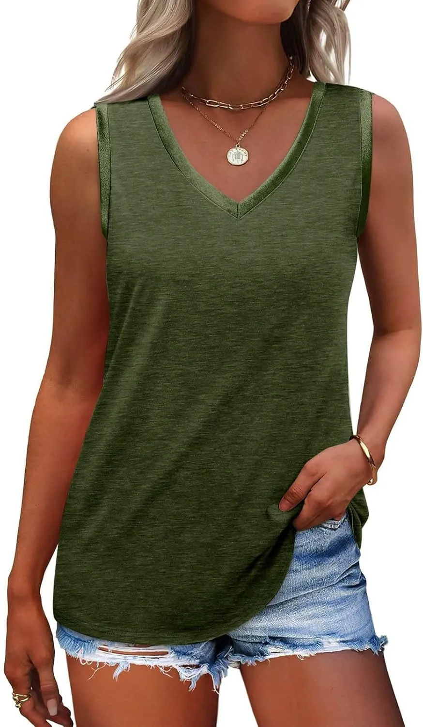 Summer Tops for Women Summer V Neck Tank Top Beach Vacation Clothes Shiny Trim Loose Fit Casual Sleeveless Shirts