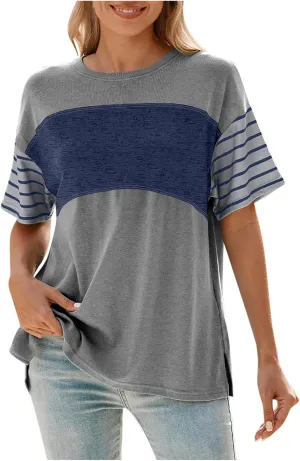 Summer Tops for Women Trendy Oversized 2025 Crew Neck Casual Color Block Striped Shirts Loose Split Hem Tee Blouses