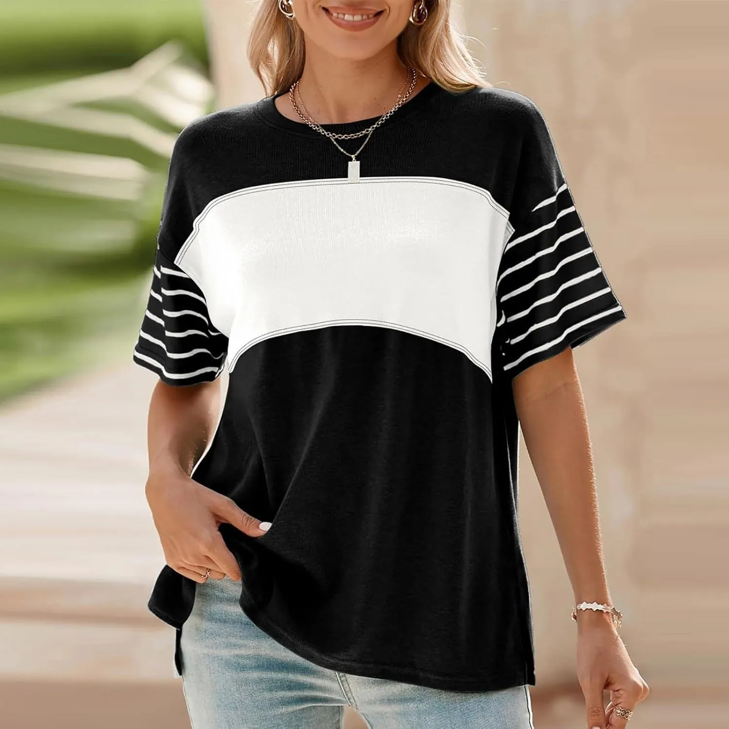 Summer Tops for Women Trendy Oversized 2025 Crew Neck Casual Color Block Striped Shirts Loose Split Hem Tee Blouses